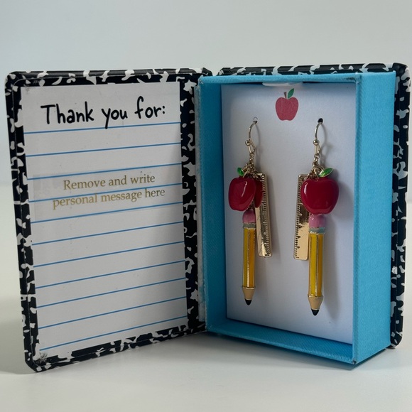 Betsey Johnson Back to School NotebkGold Tone Ruler Pencil W/Apple Earrings NIB - Picture 5 of 15